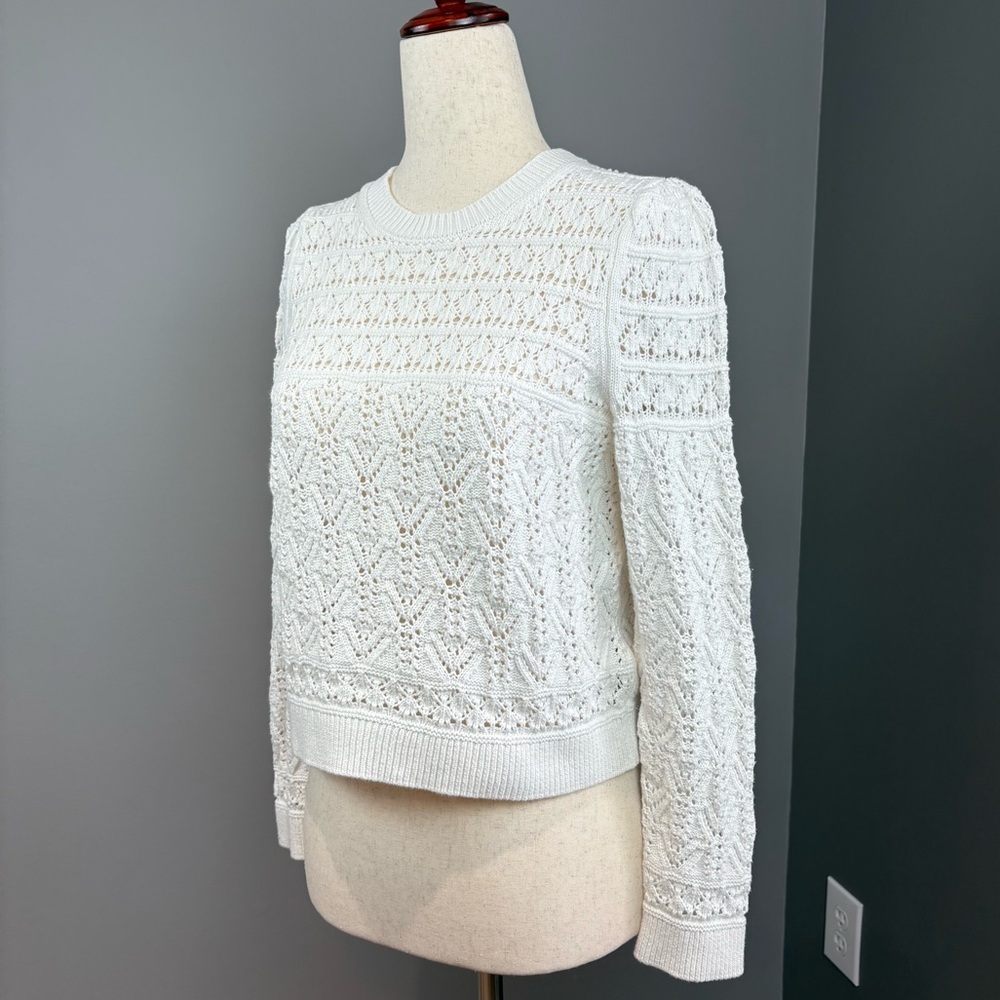 Boden Loose Knit Crew Neck Cropped Sweater Size XS White Preppy Classic Cotton - Picture 2 of 9